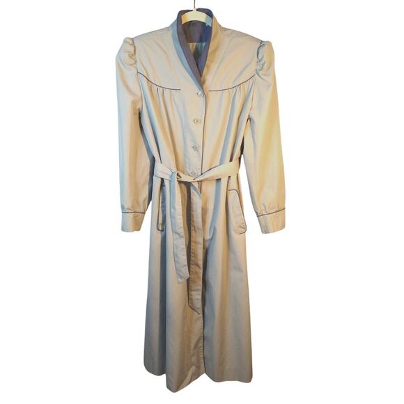 Vintage 80s Beige Trench Coat Rain Duster Jacket Belted Purple Lining Size 16 - Picture 2 of 8